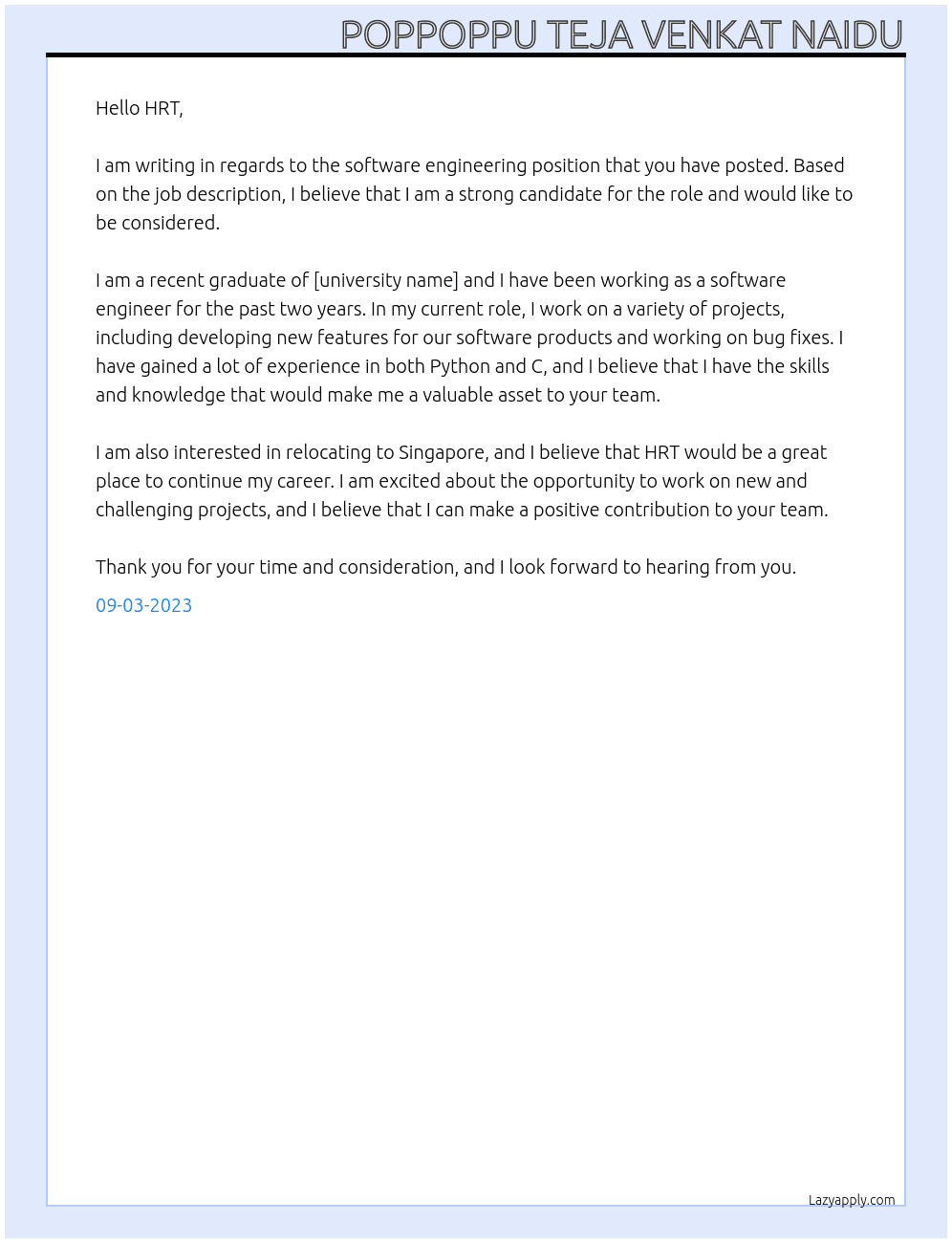 software engineer At HRT Cover Letter