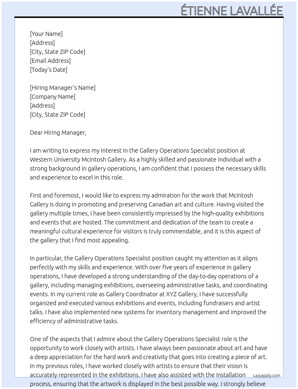 Gallery Operations Specialist At Western University McIntosh Gallery Cover Letter