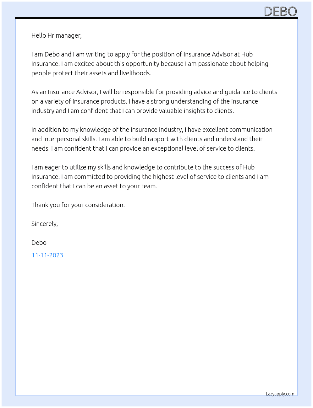 Insurance Advisor At Hub Insurance Cover Letter