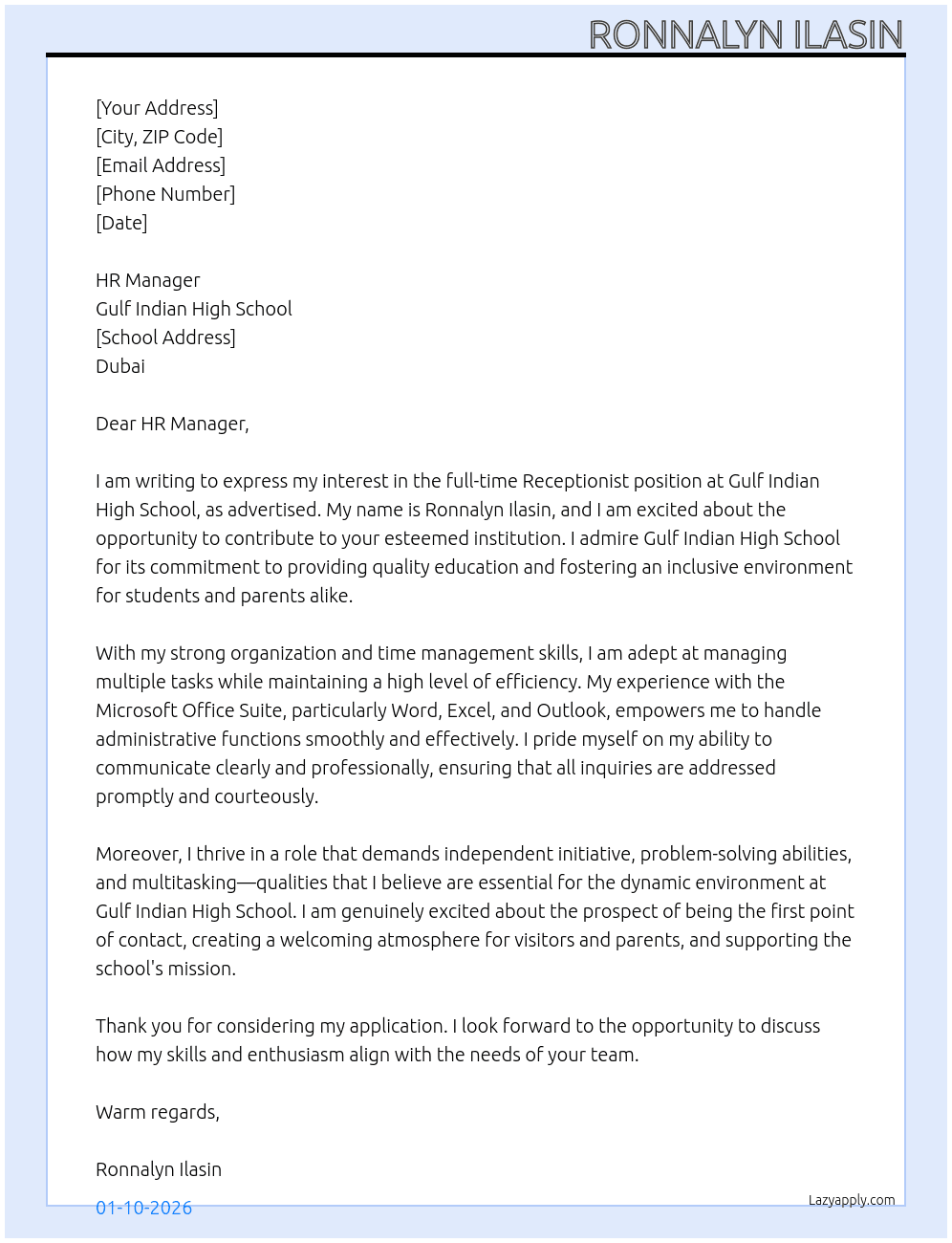 Receptionist At Gulf Indian High School Cover Letter