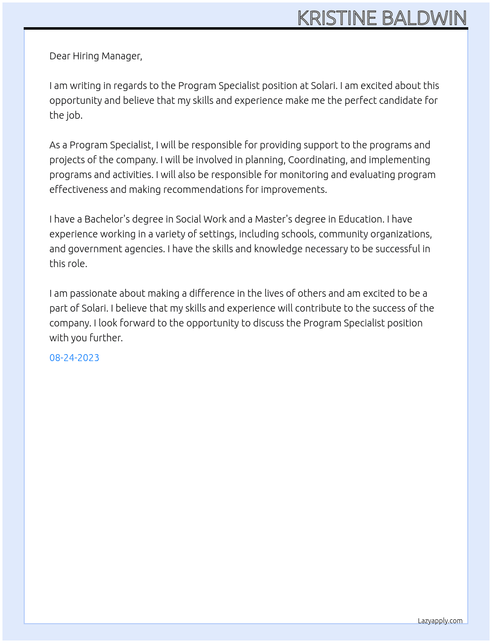 Program Specialist At Solari Cover Letter