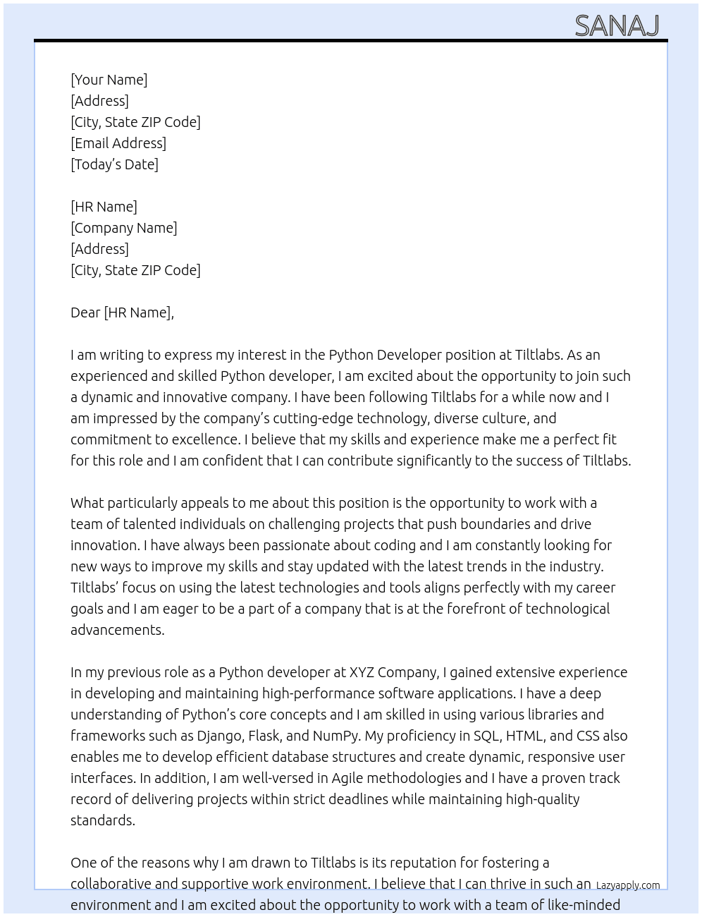 Python developer  At Tiltlabs Cover Letter