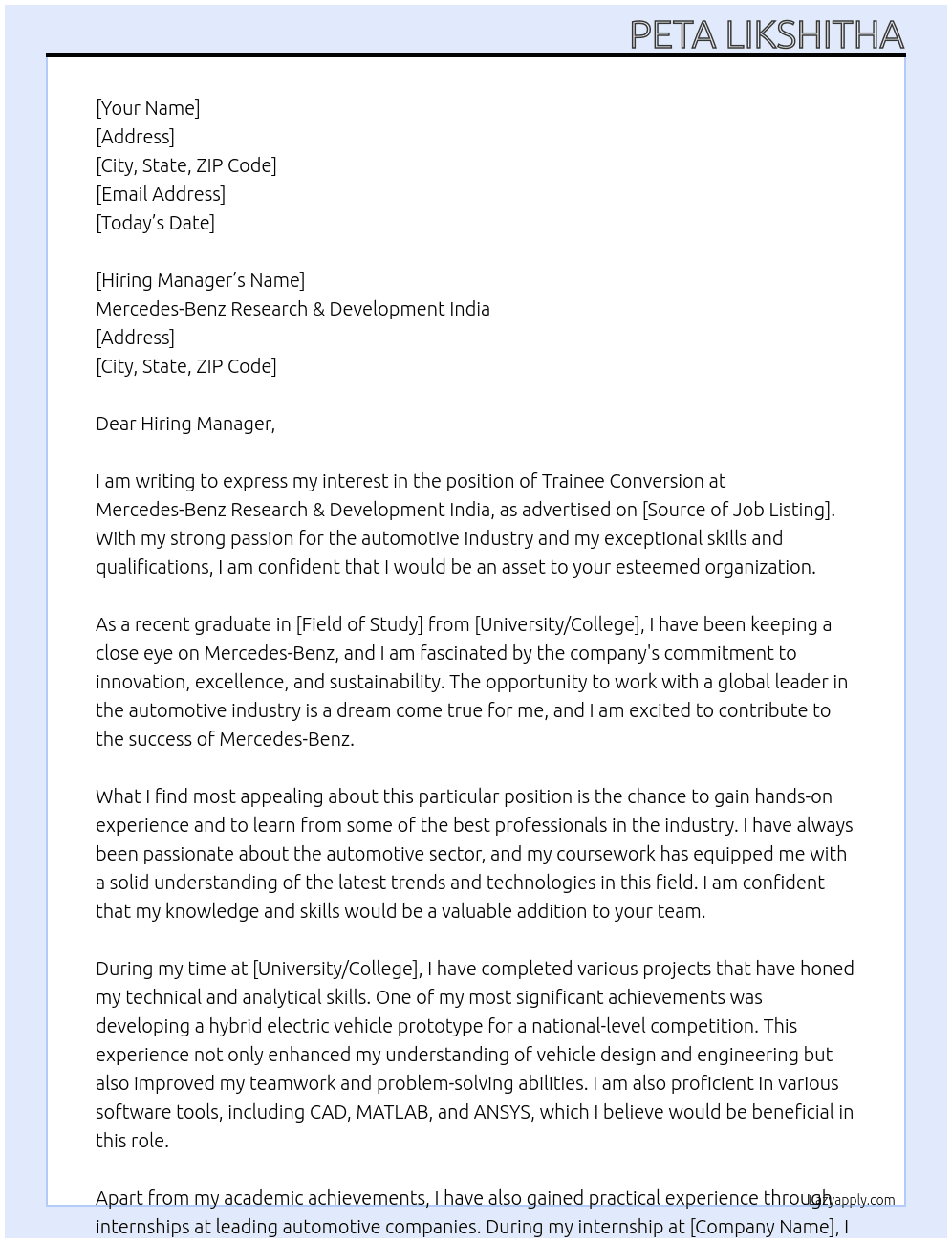 Trainee Conversion At Mercedes-Benz Research & Development India  Cover Letter