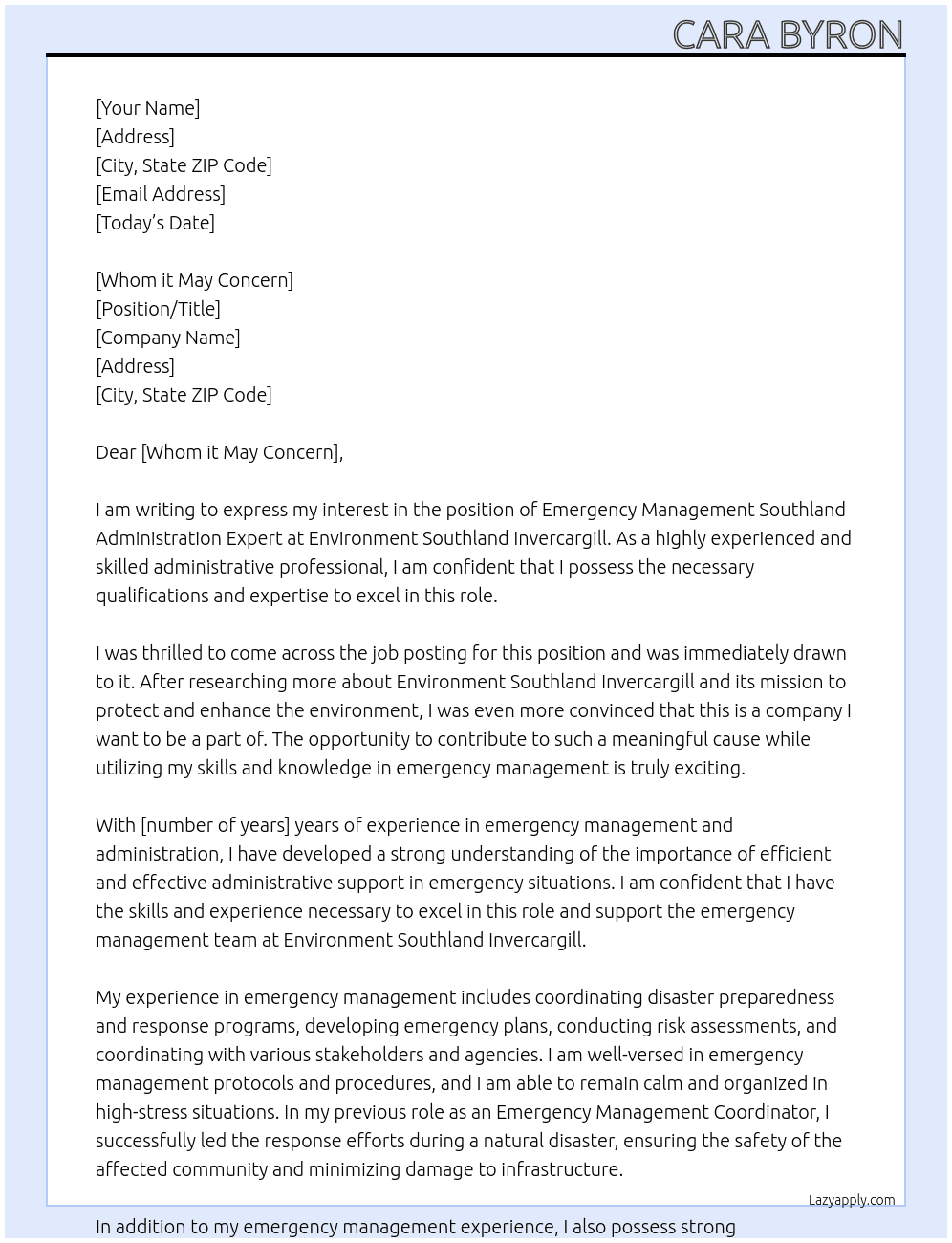 Emergency Management Southland Administration Assistantstration Expert At Environment Southland Invercargill Cover Letter