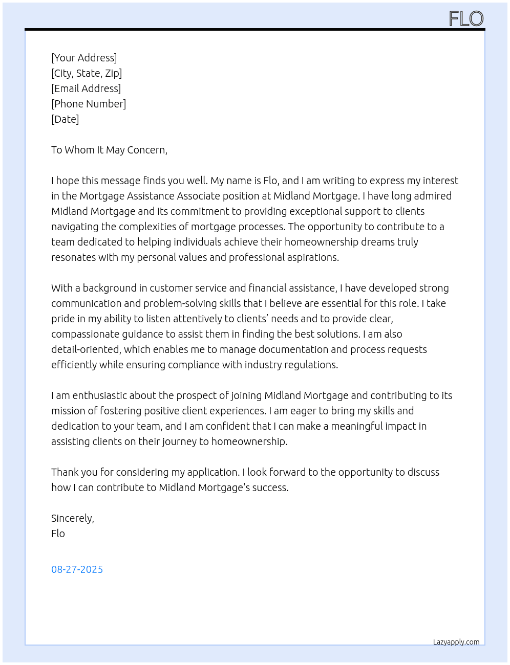 Mortgage Assistance Associate At Midland Mortgage Cover Letter