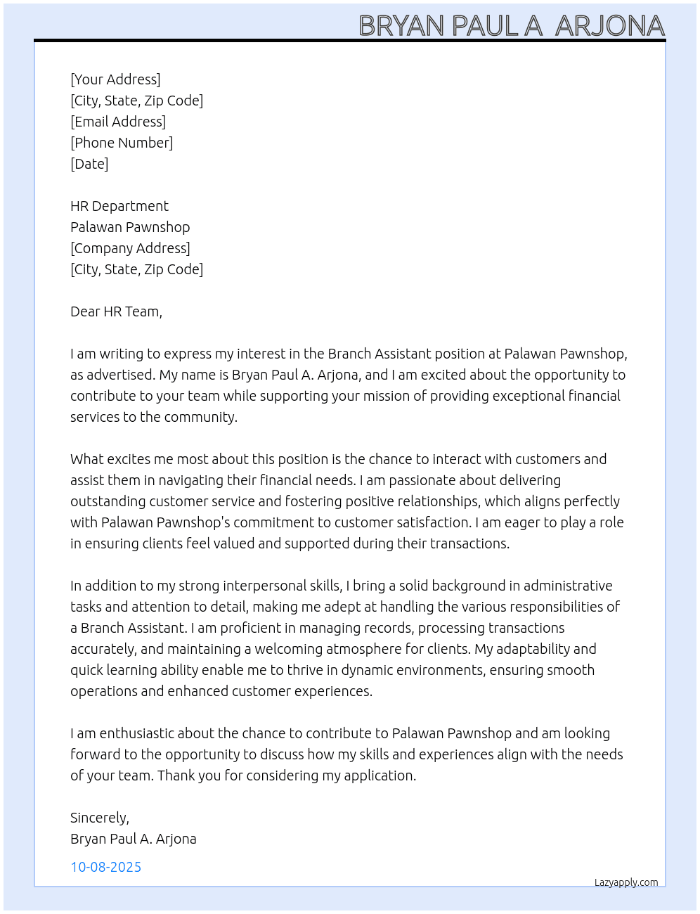 Branch Assistant  At Palawan Pawnshop Cover Letter