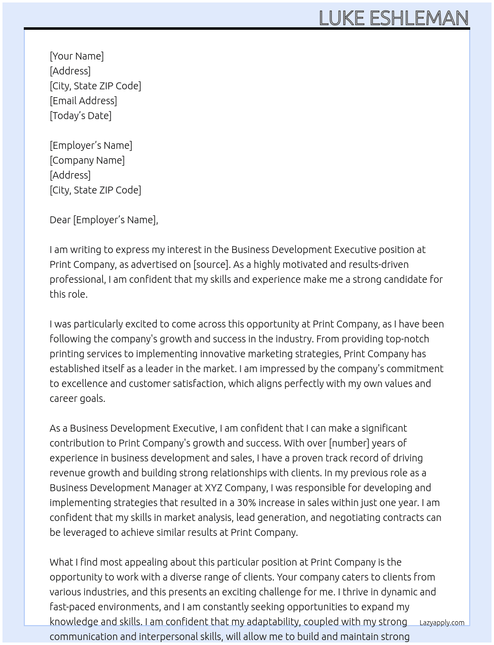 Business Development Executive At Print Company Cover Letter