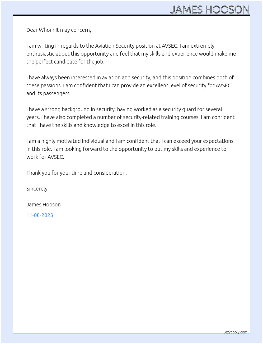 Aviation Security At AVSEC Cover Letter