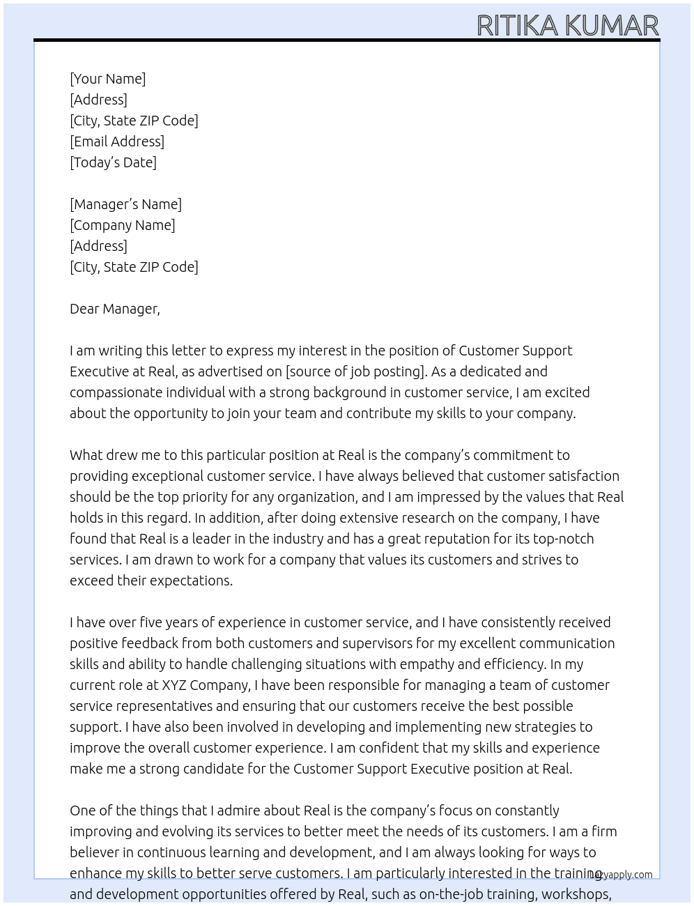 Customer Support Executive At Real Cover Letter