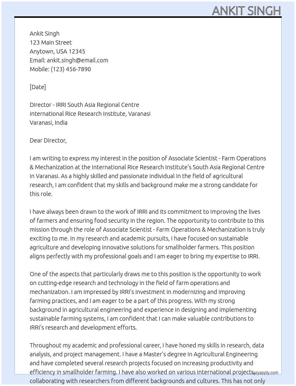 Associate Scientist - Farm Operations & Mechanization At International Rice Research Institute, Varanasi Cover Letter