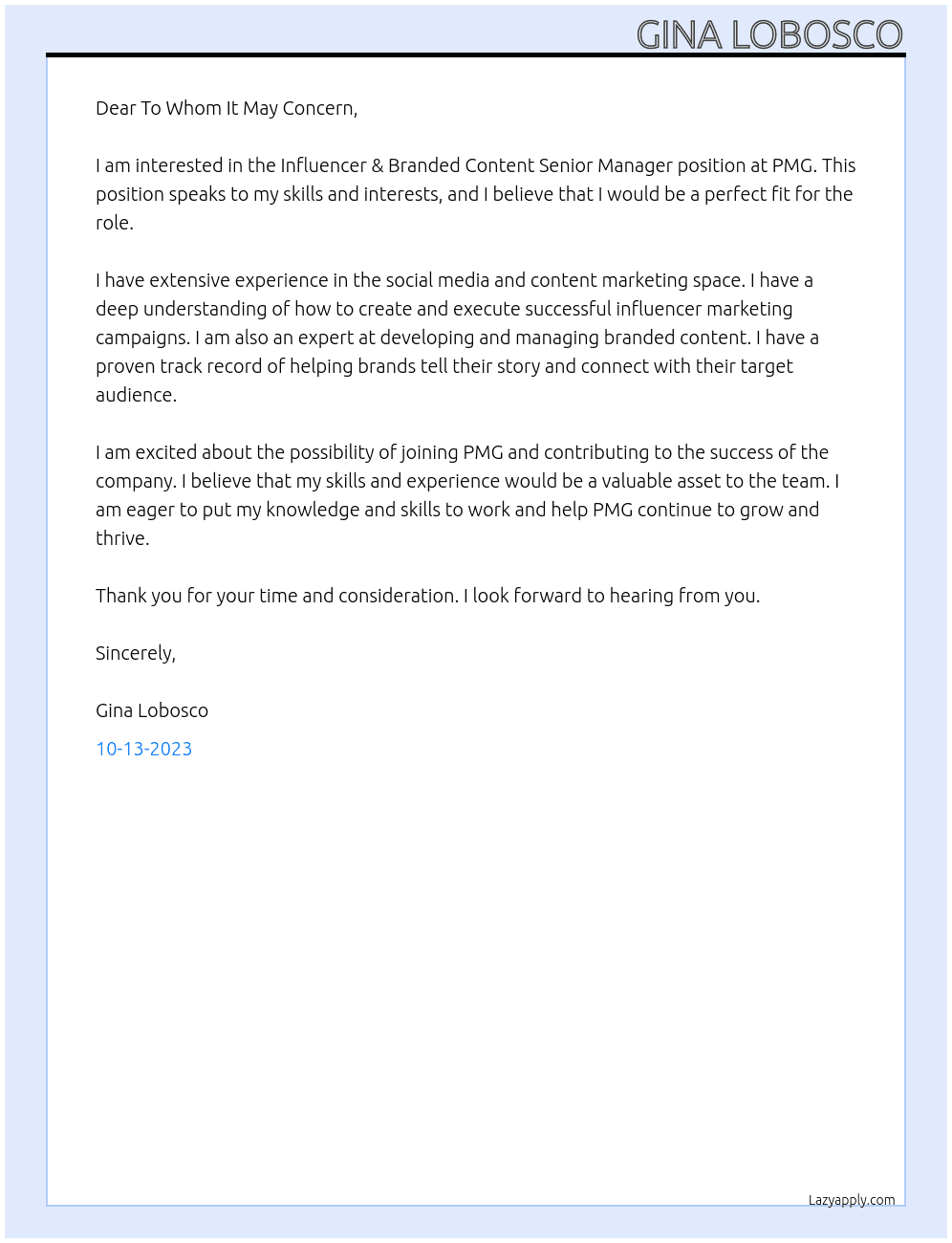 Influencer & Branded Content Senior Manager At PMG Cover Letter