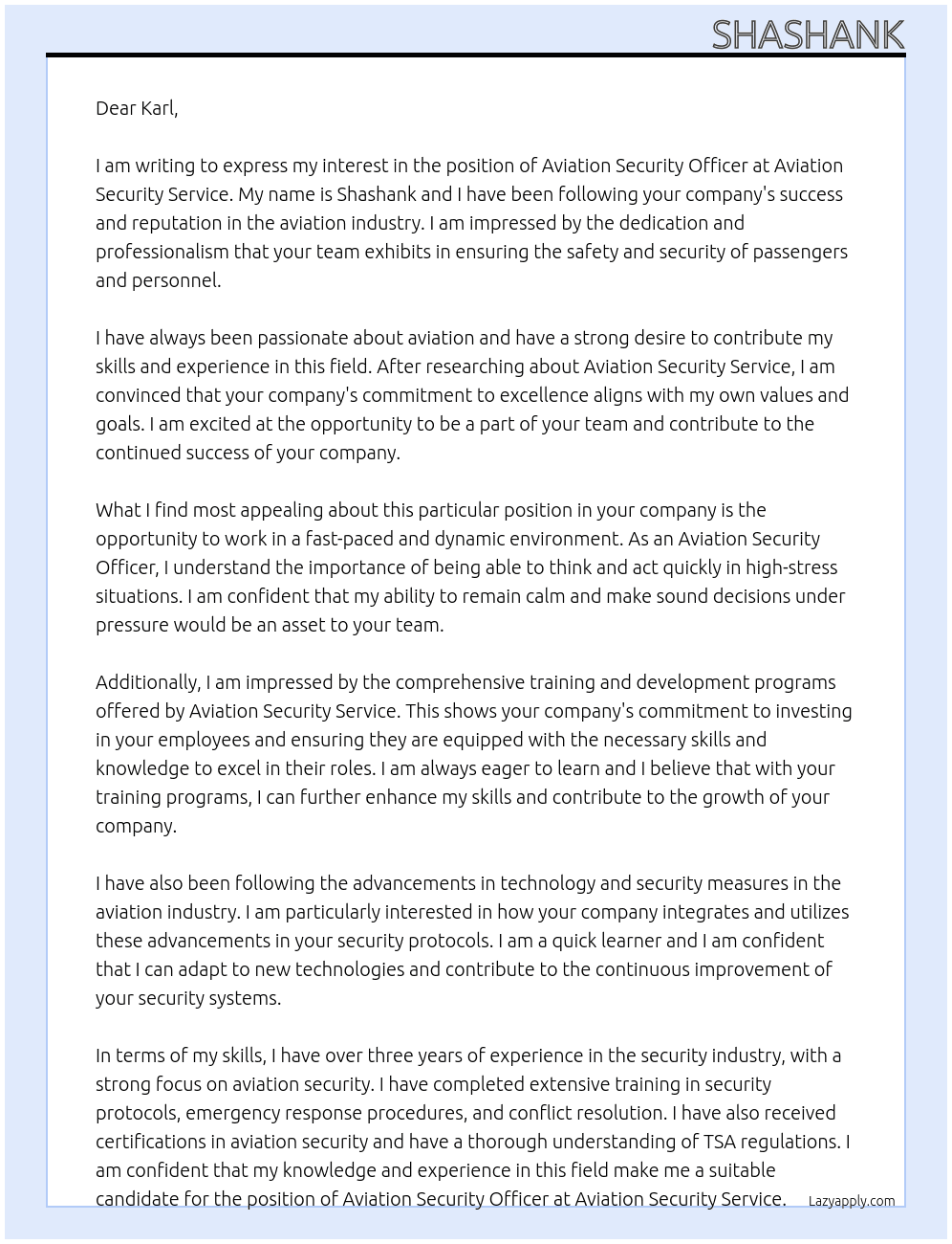 aviation security officer At Aviation Security Service Cover Letter