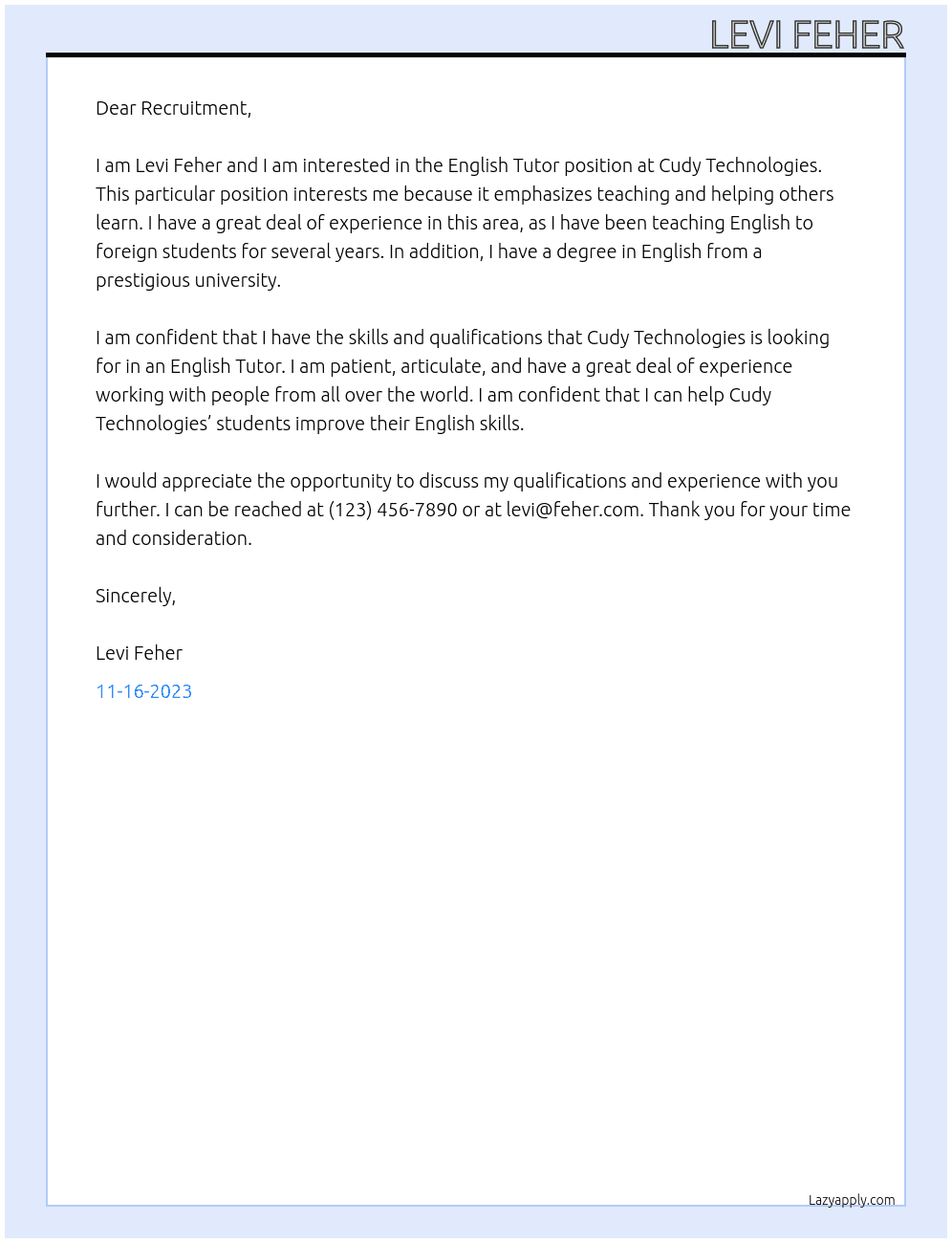 English Tutor At Cudy Technologies Cover Letter