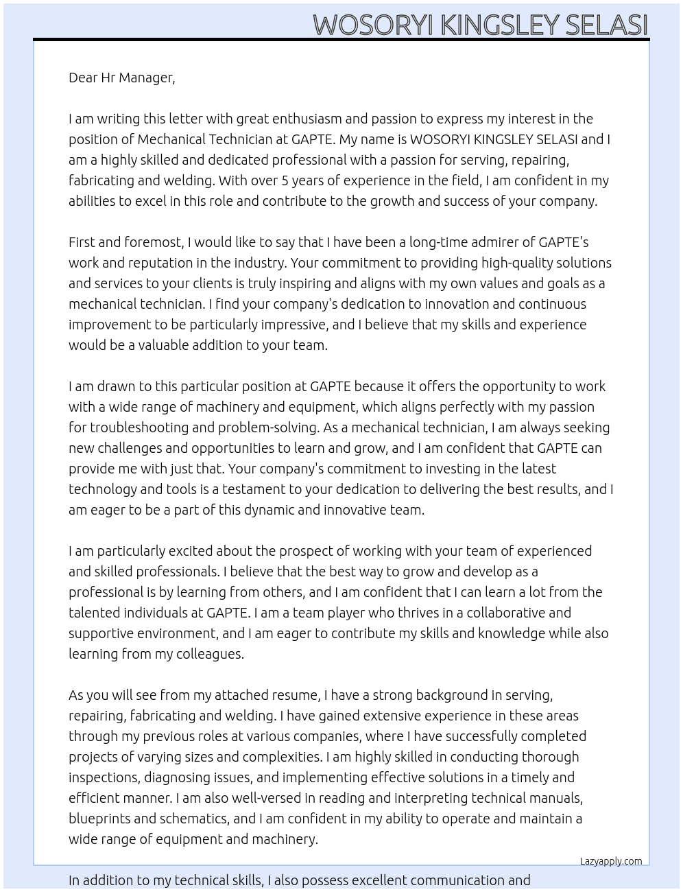 Mechanical Technician  At GAPTE Cover Letter