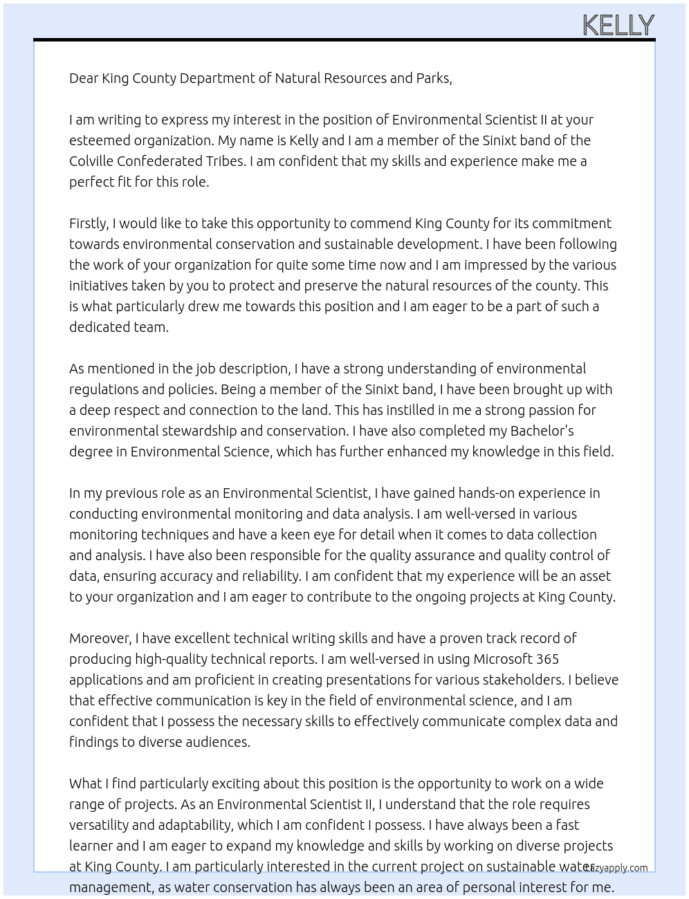 Environmental Scientist II At King County Department of Natural Resources and Parks Cover Letter