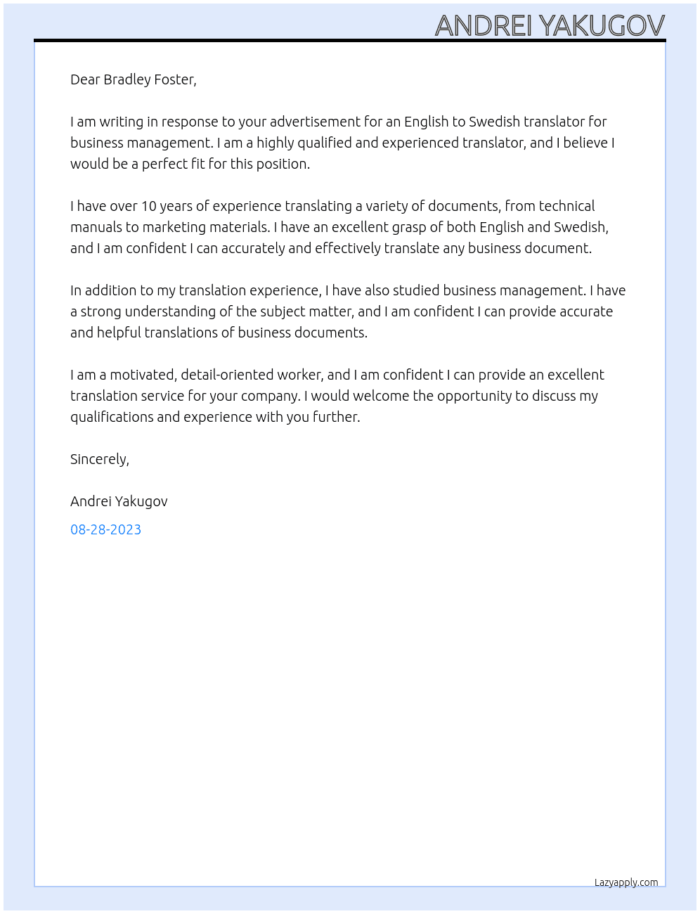 Urgently Hiring for English to Swedish - Business Management At Ulatus Cover Letter