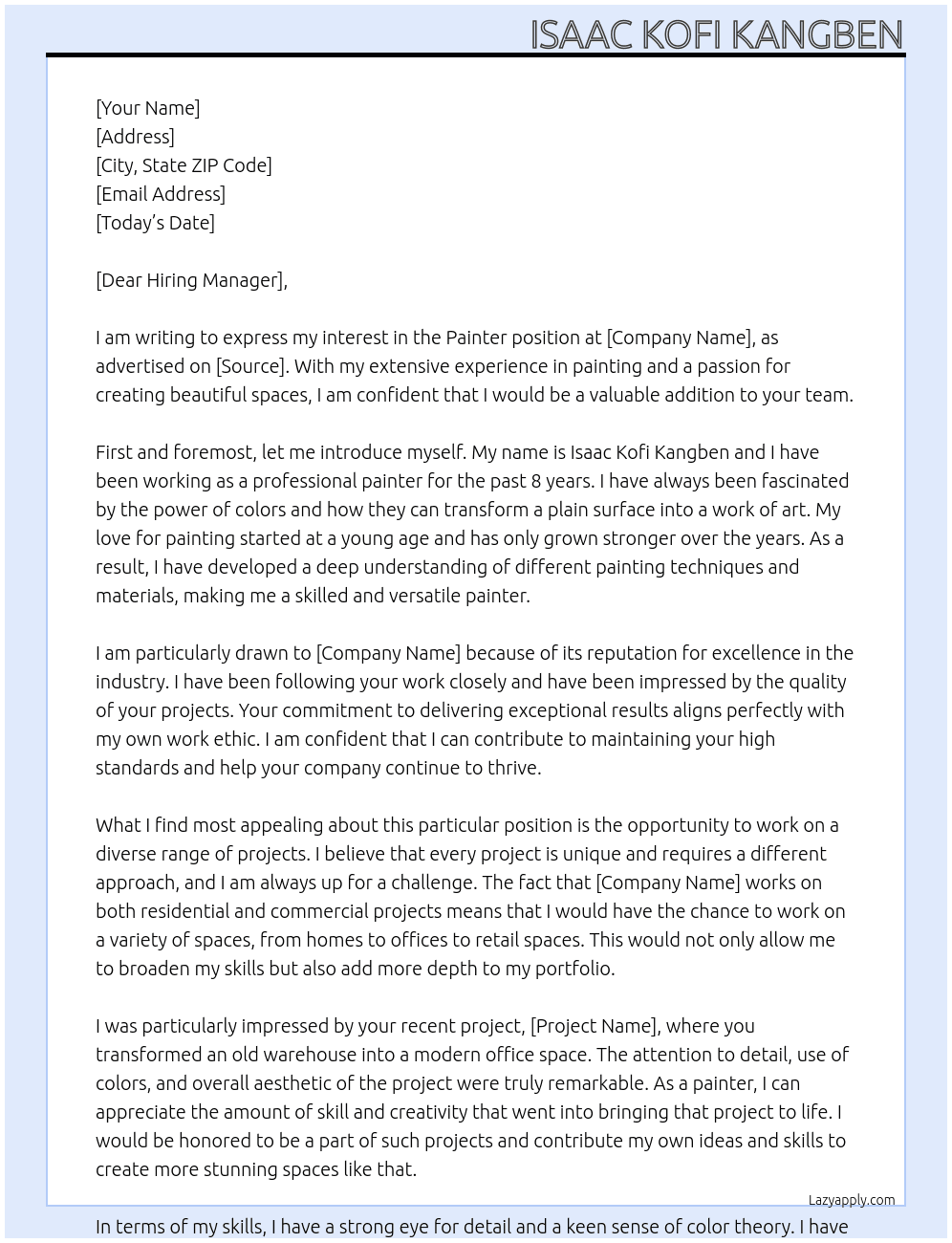 PAINTER At DE SIMONE Cover Letter