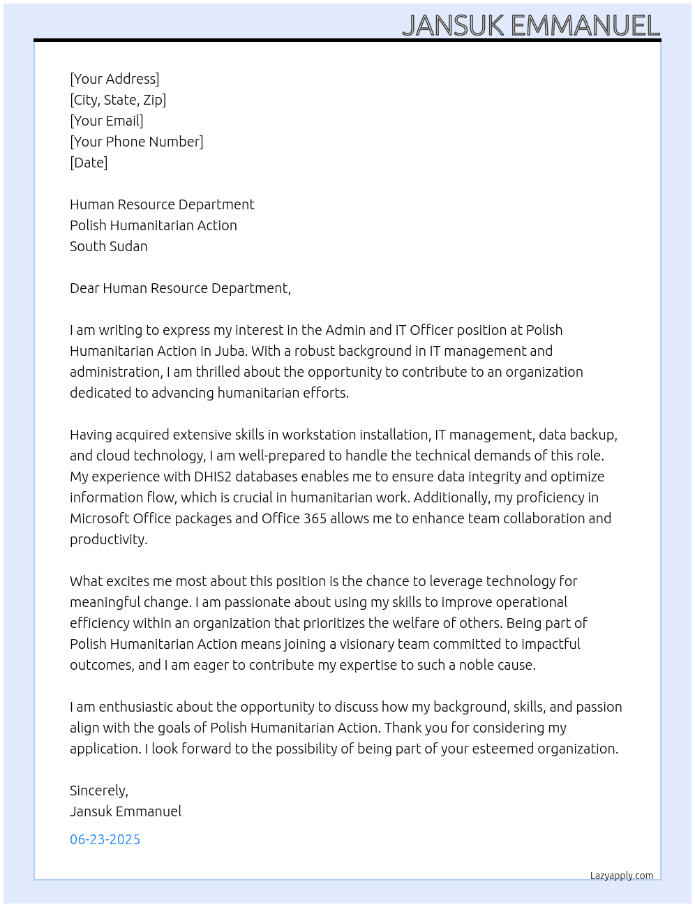 Cover letter for admin and it officer - LazyApply
