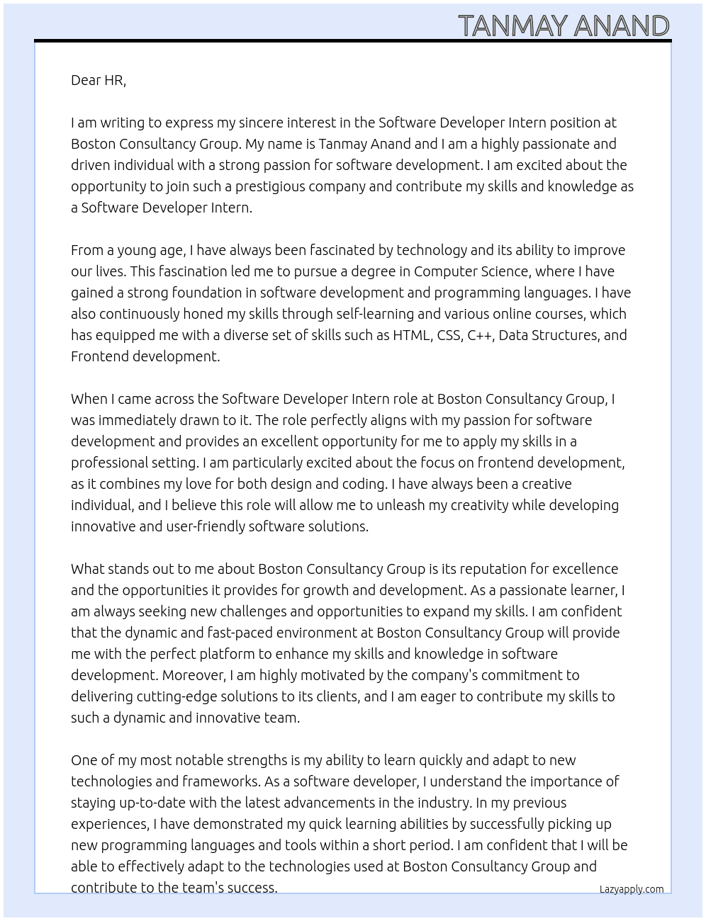 Software developer intern At Boston Consultancy Group Cover Letter
