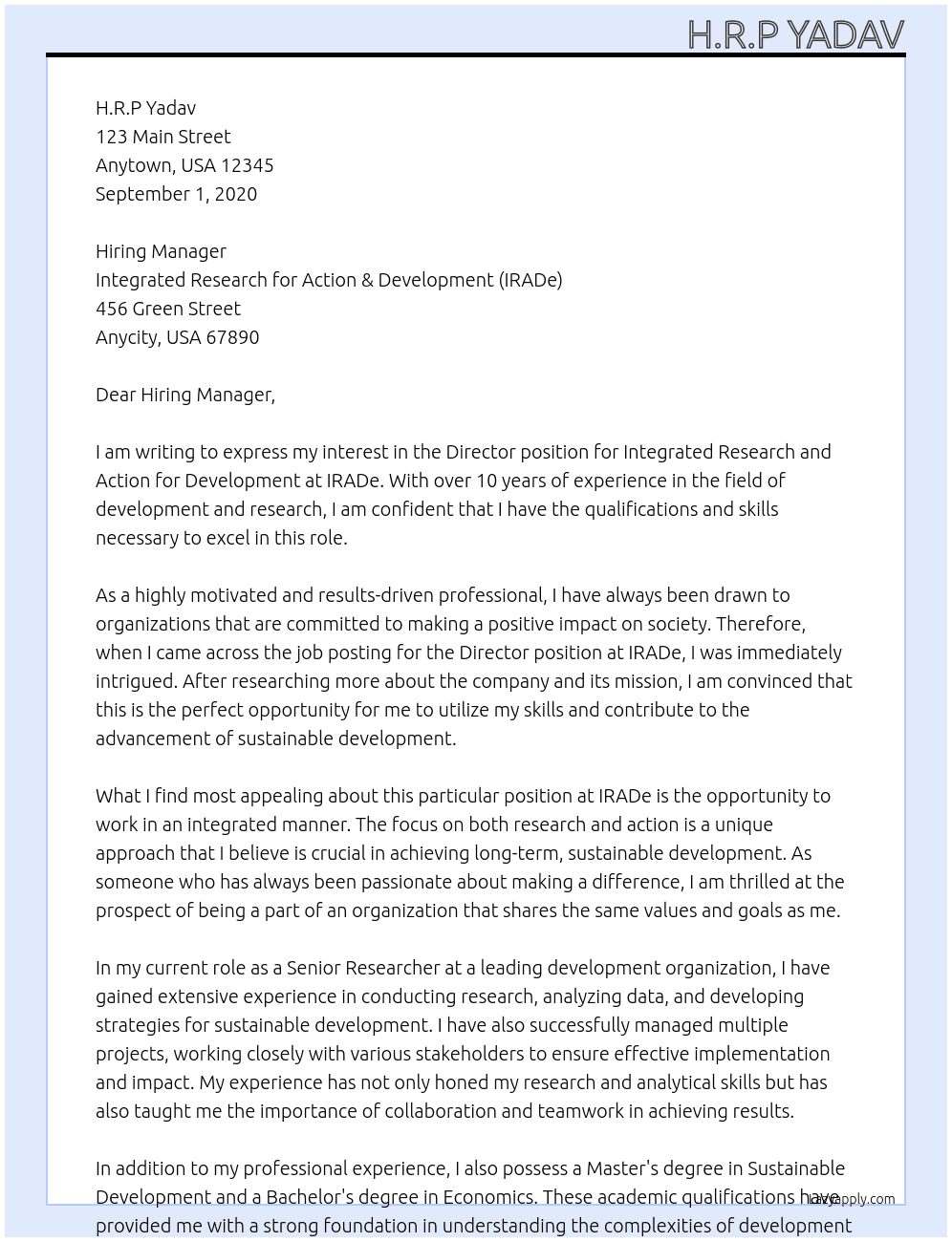 Cover letter for –director- integrated research and action for  development - LazyApply
