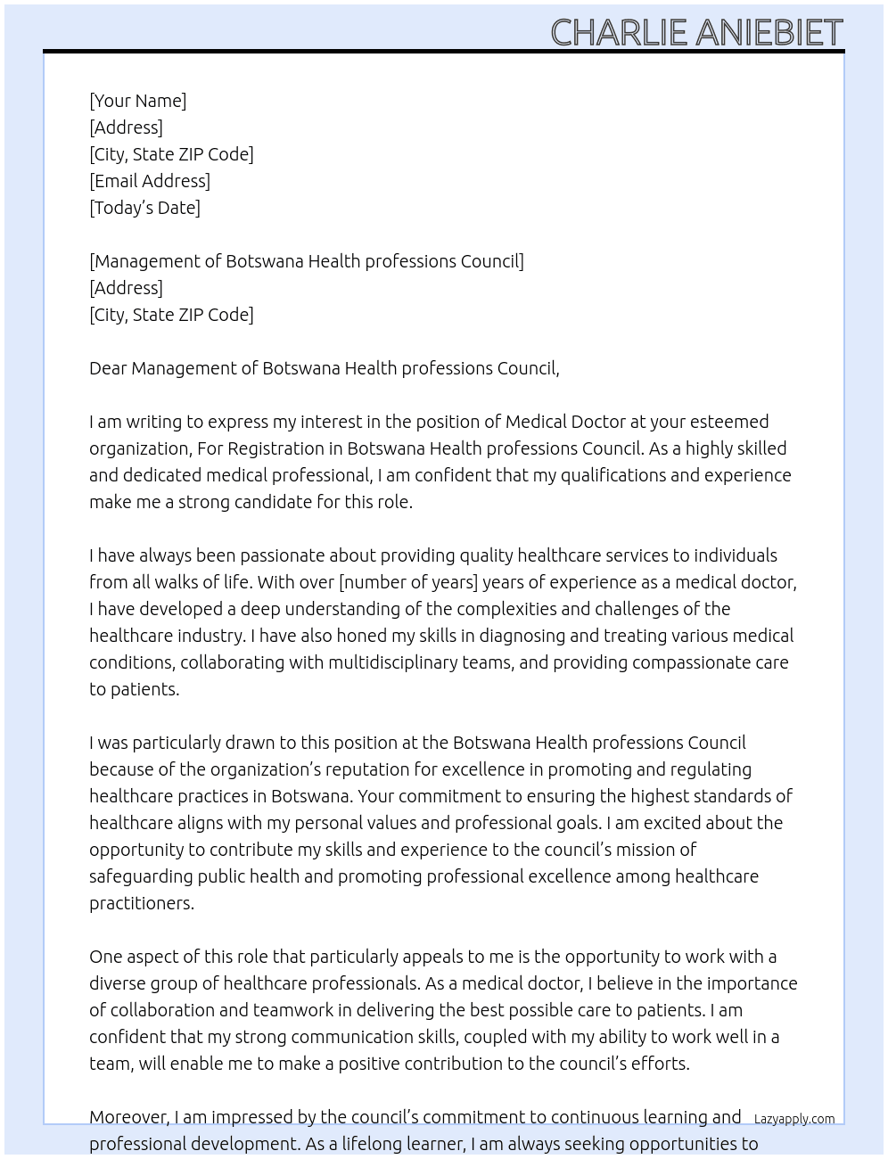 Medical doctor  At For Registration in Botswana Health professions Council  Cover Letter