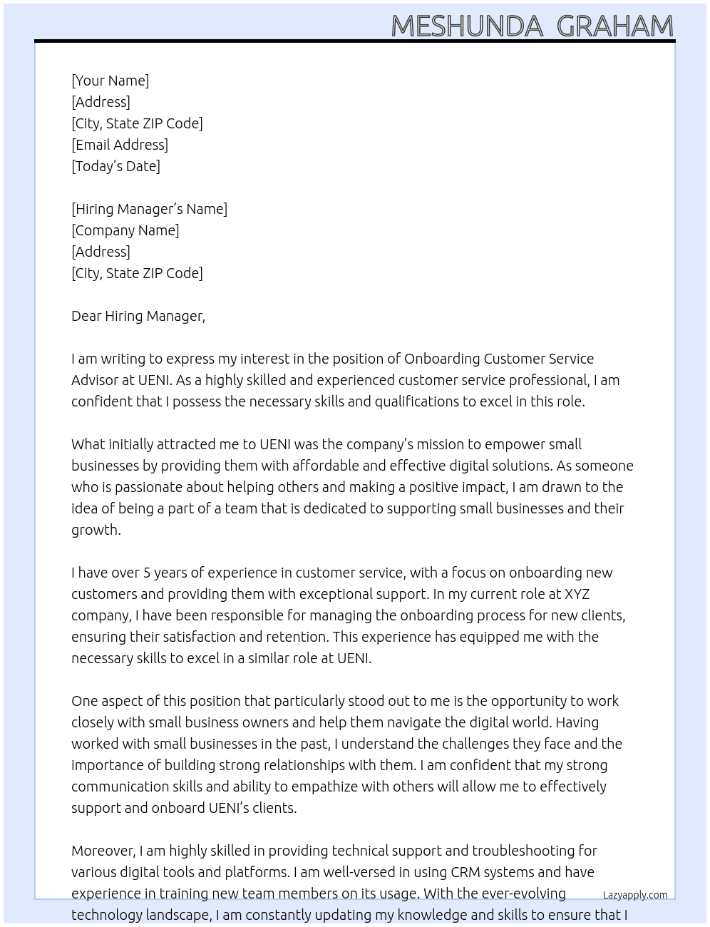 Onboarding Customer Service Advisor At UENI Cover Letter