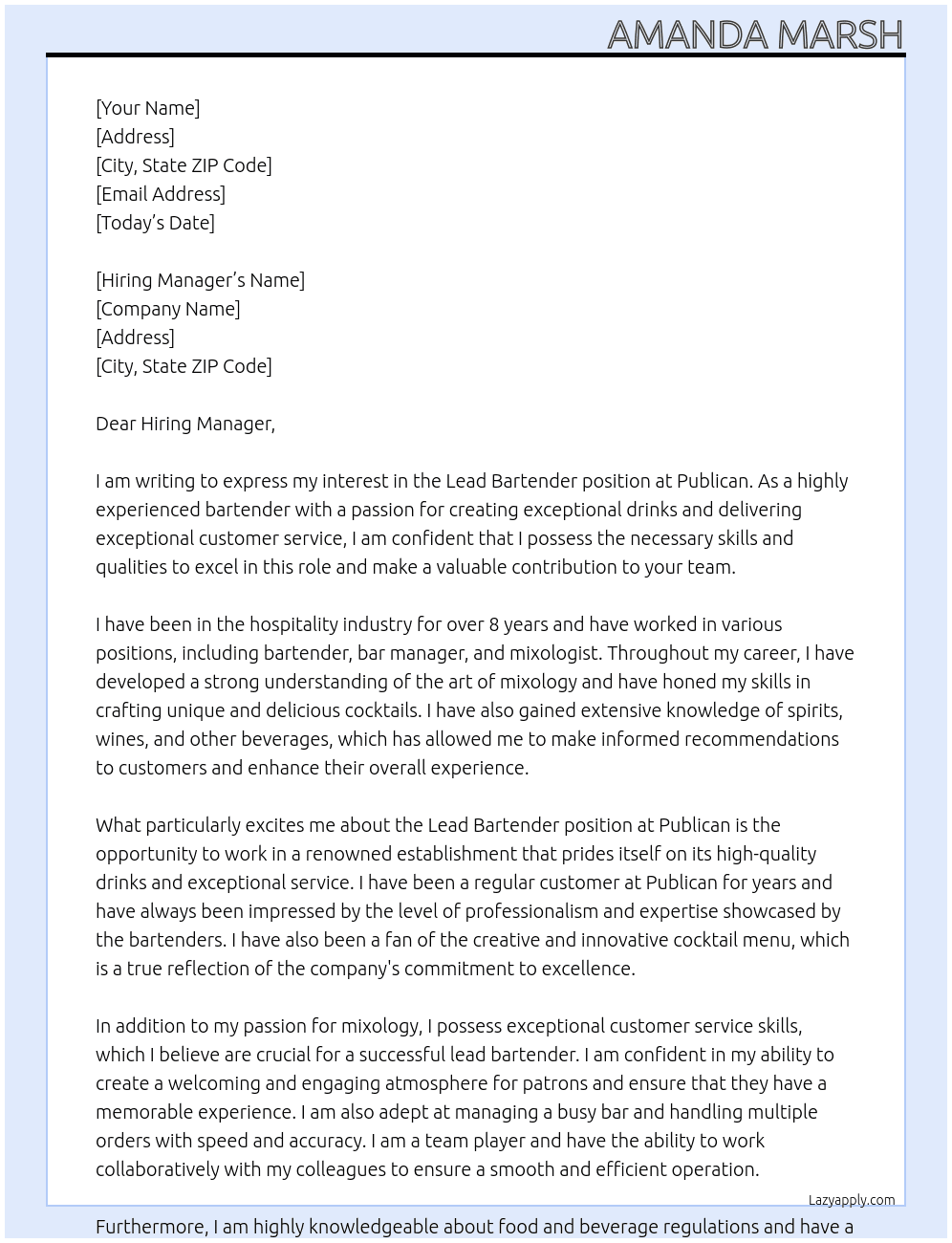 lead bartender At Publican Cover Letter