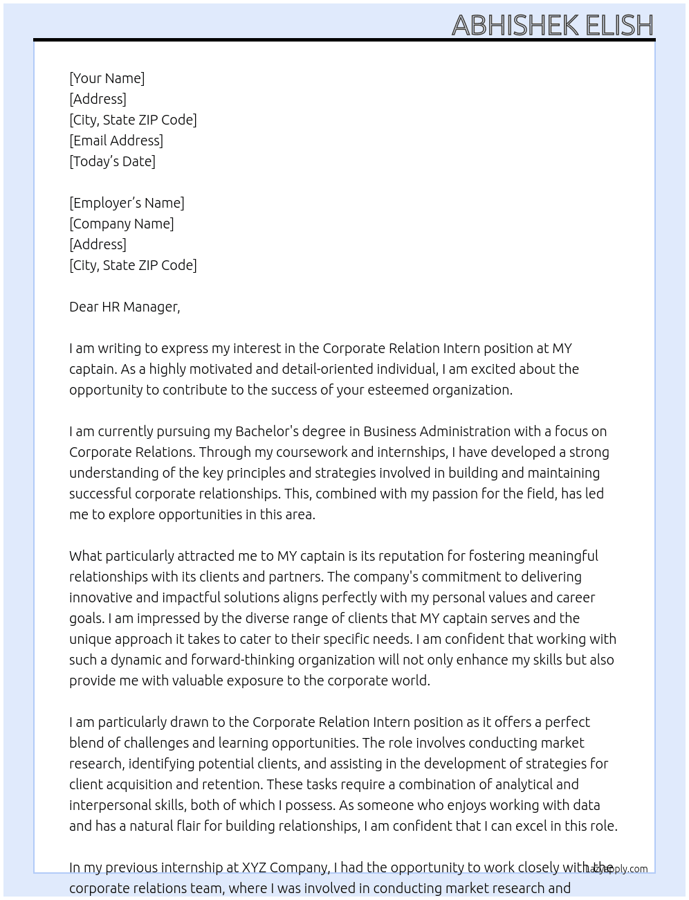 Corporate relation intern At MY captain Cover Letter