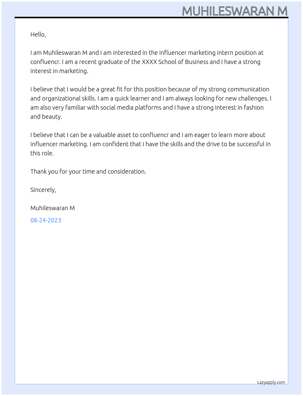 influencer marketing intern At confluencr Cover Letter