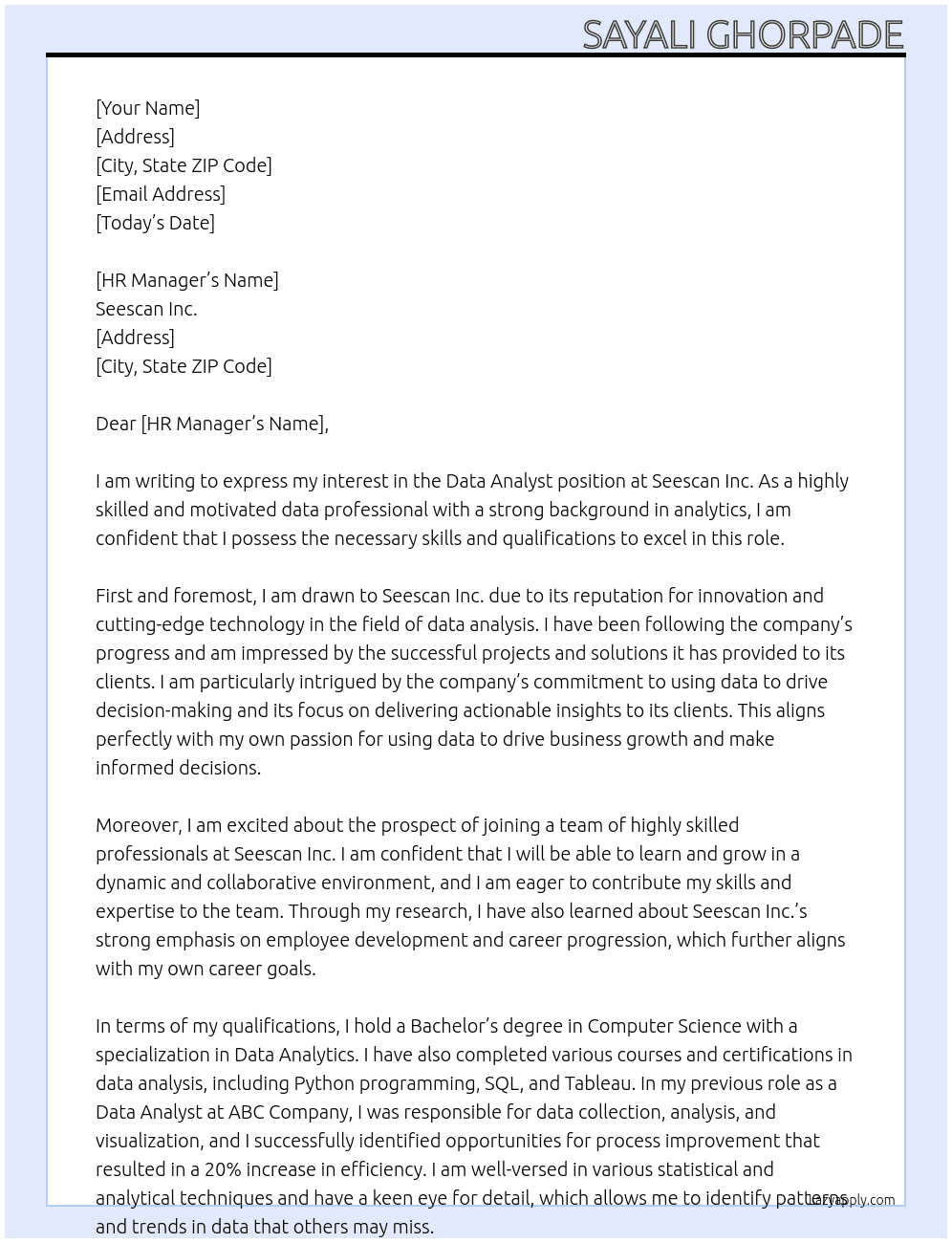 Data Analyst At Seescan Inc. Cover Letter