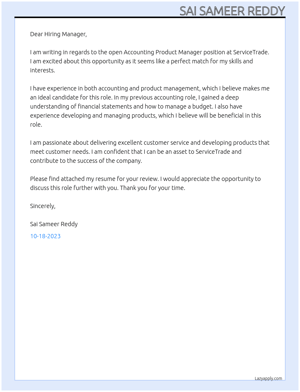 Accounting Product Manager At ServiceTrade Cover Letter