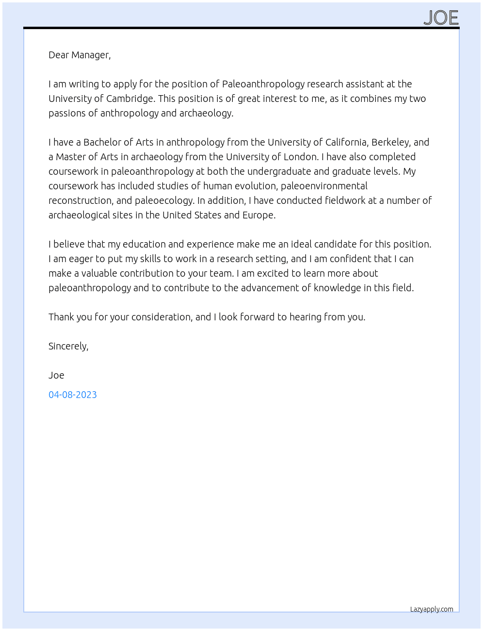 Paleoanthropology research assistant At University of Cambridge Cover Letter