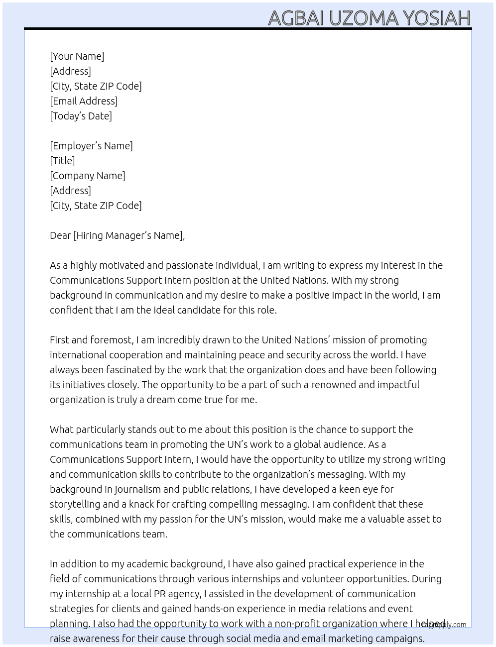 Cover letter for communications support intern - LazyApply