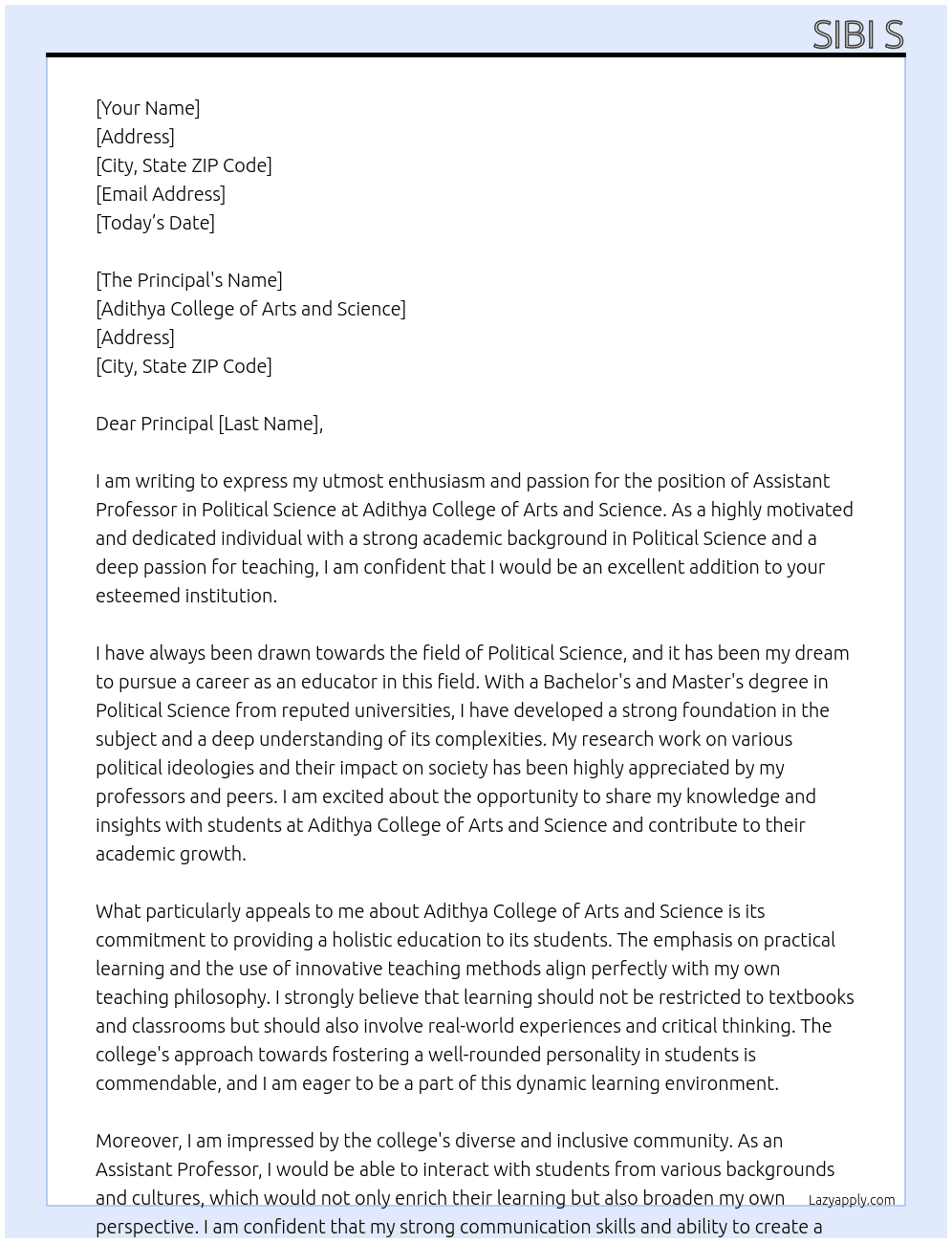 Assistant Professor in Political Science At Adithya College of Arts and Science Cover Letter