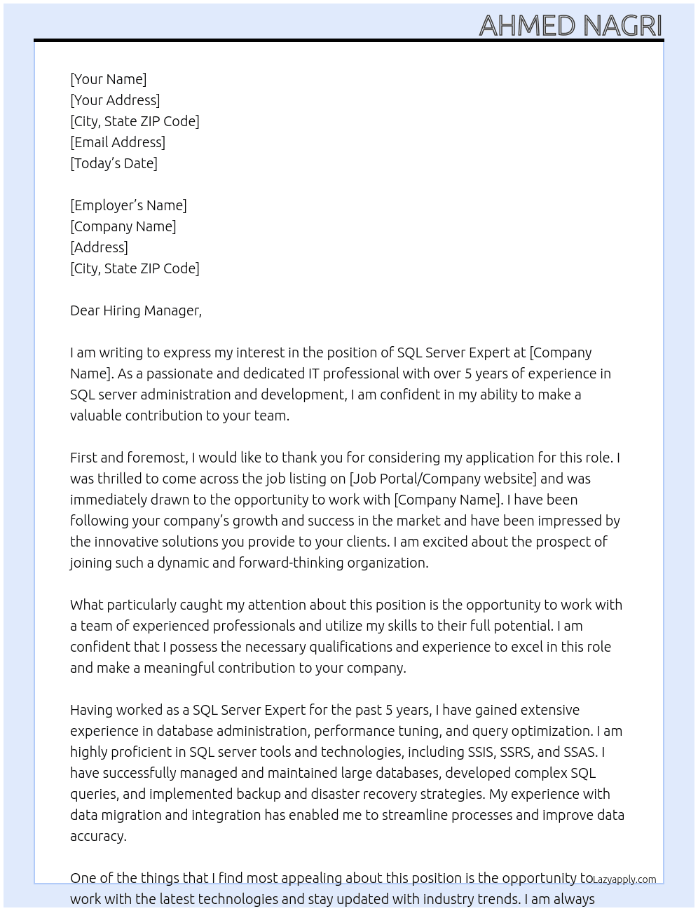 Sql Server Expert At Freelance work Cover Letter