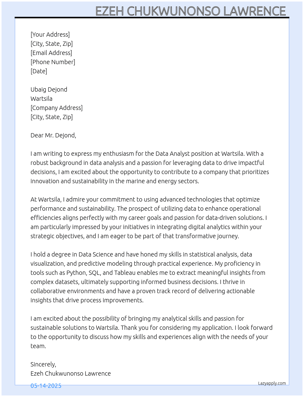 Data Analyst At Wartsila  Cover Letter
