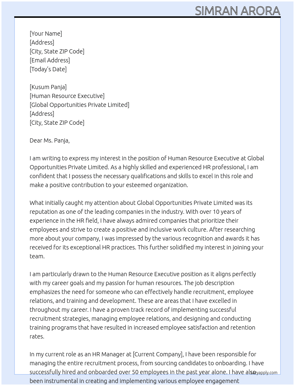 Human Resource Executive At Global Opportunities Private Limited Cover Letter