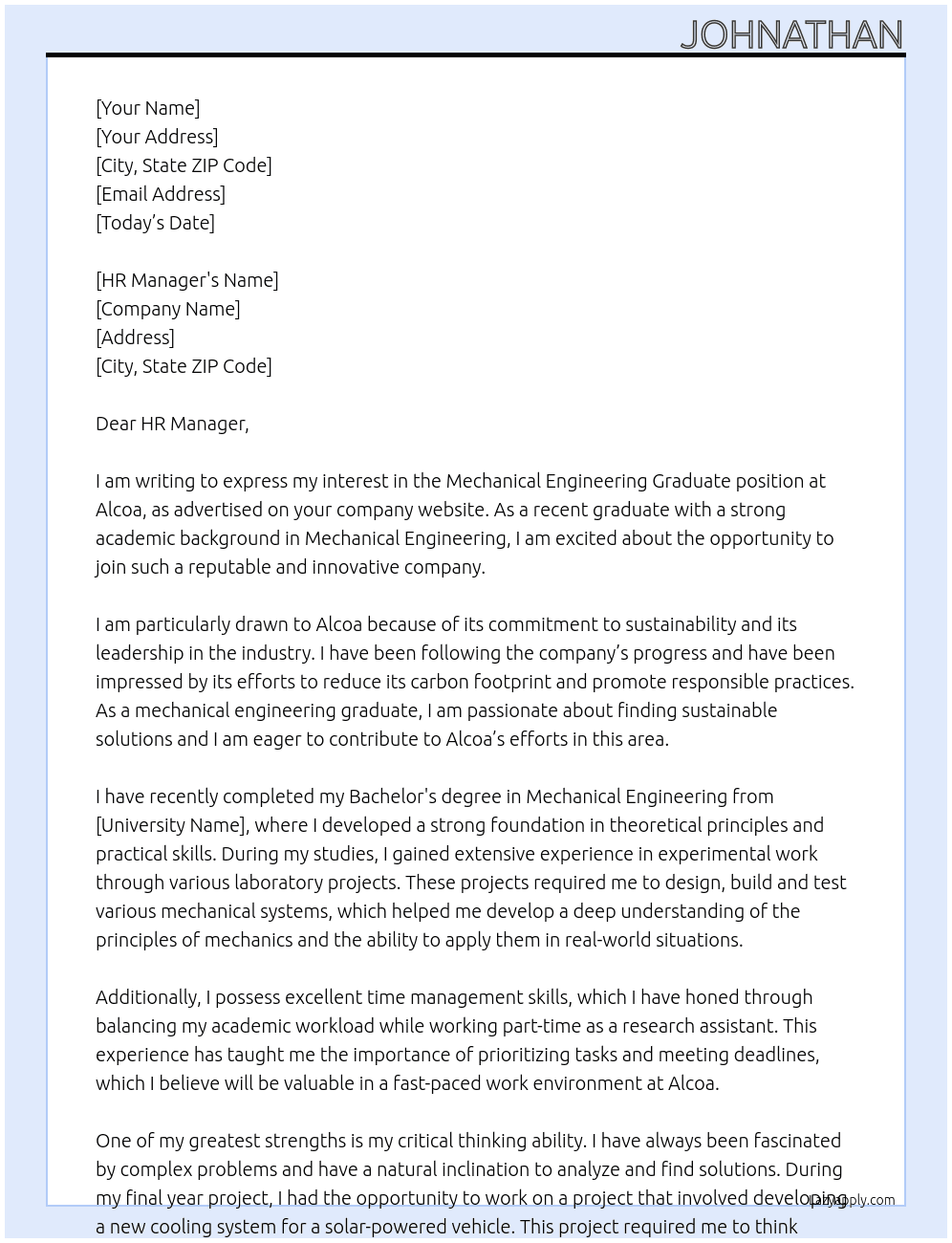 Mechanical Engineering Graduate At Alcoa Cover Letter