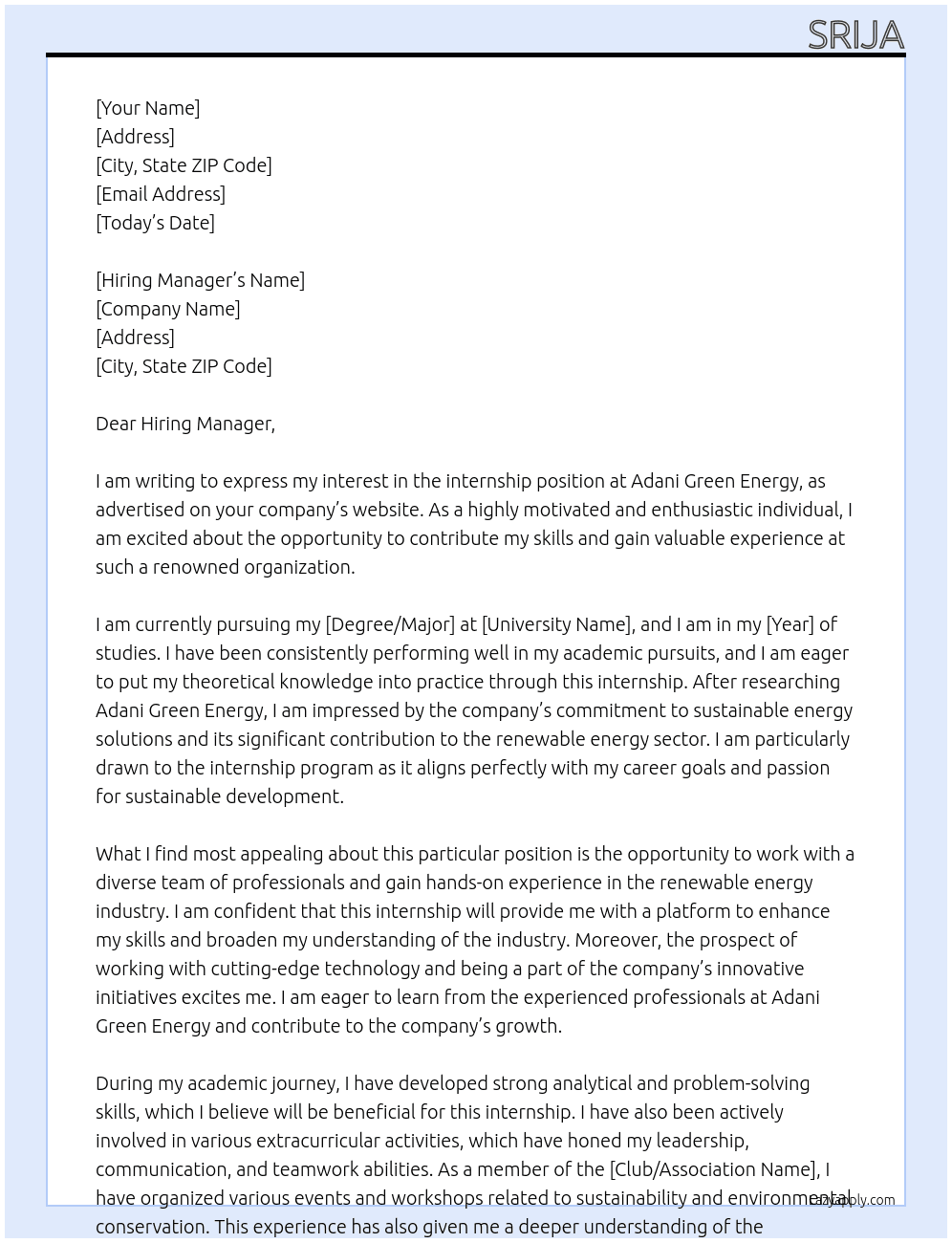 internship  At Adani green energy Cover Letter