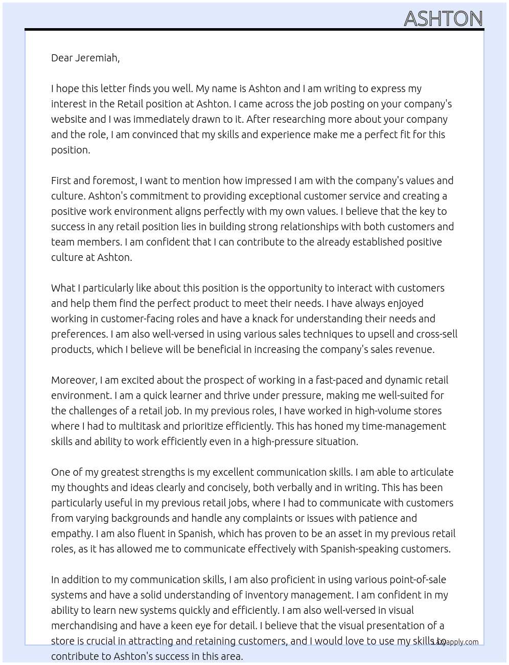 Retail At Ashton Cover Letter