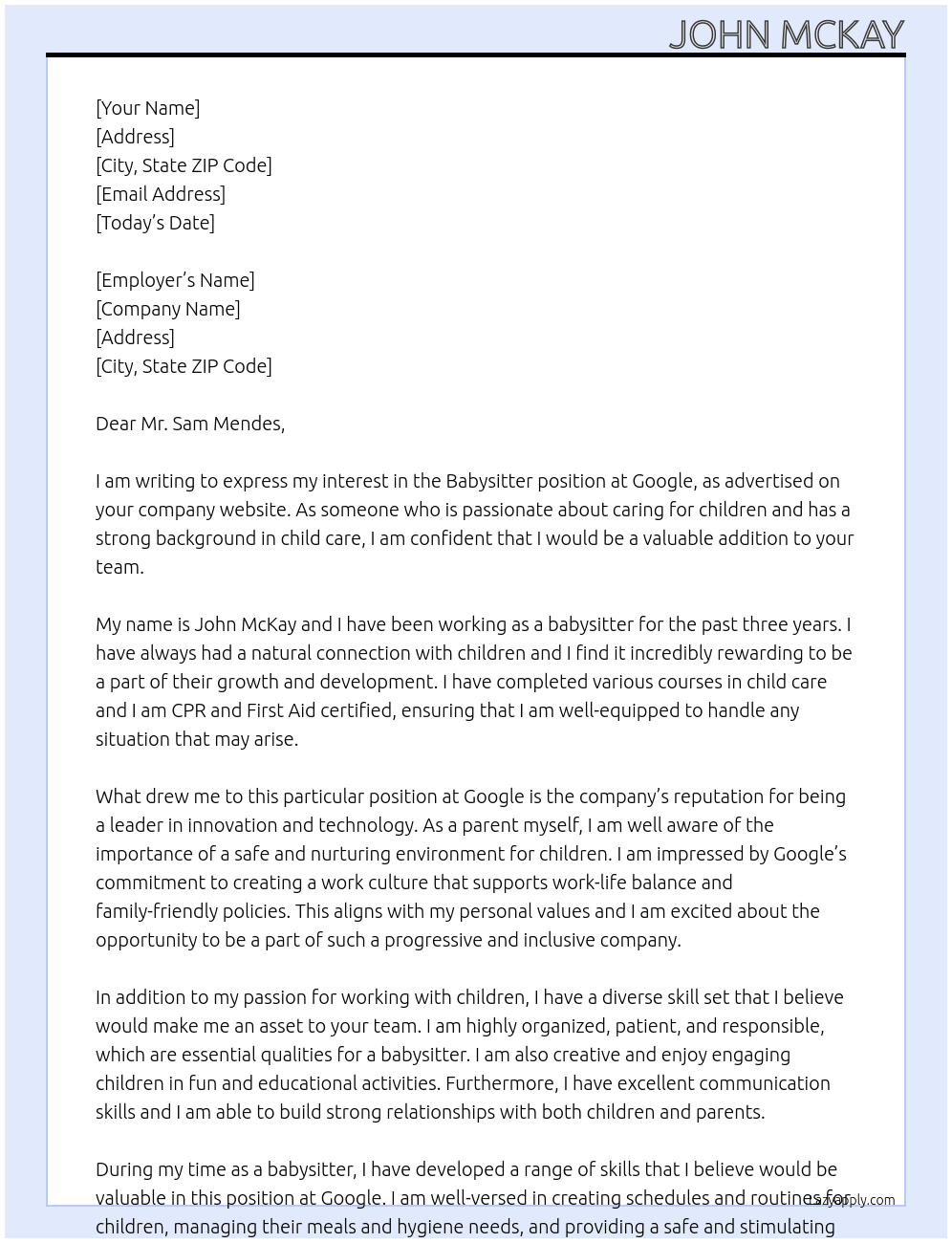 Babysitter  At google Cover Letter