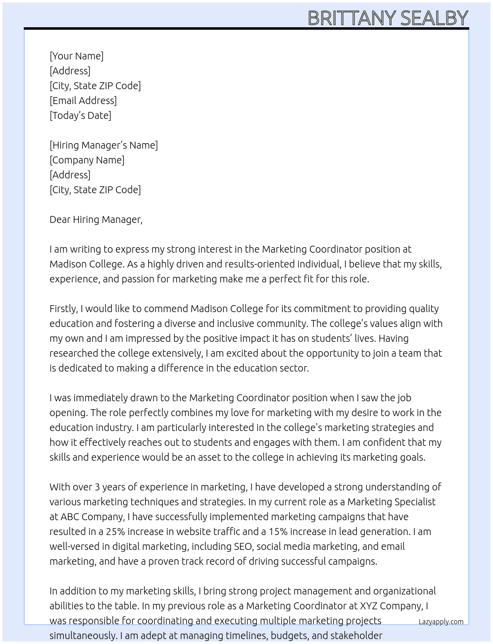 Marketing Coordinator At Madison College Cover Letter