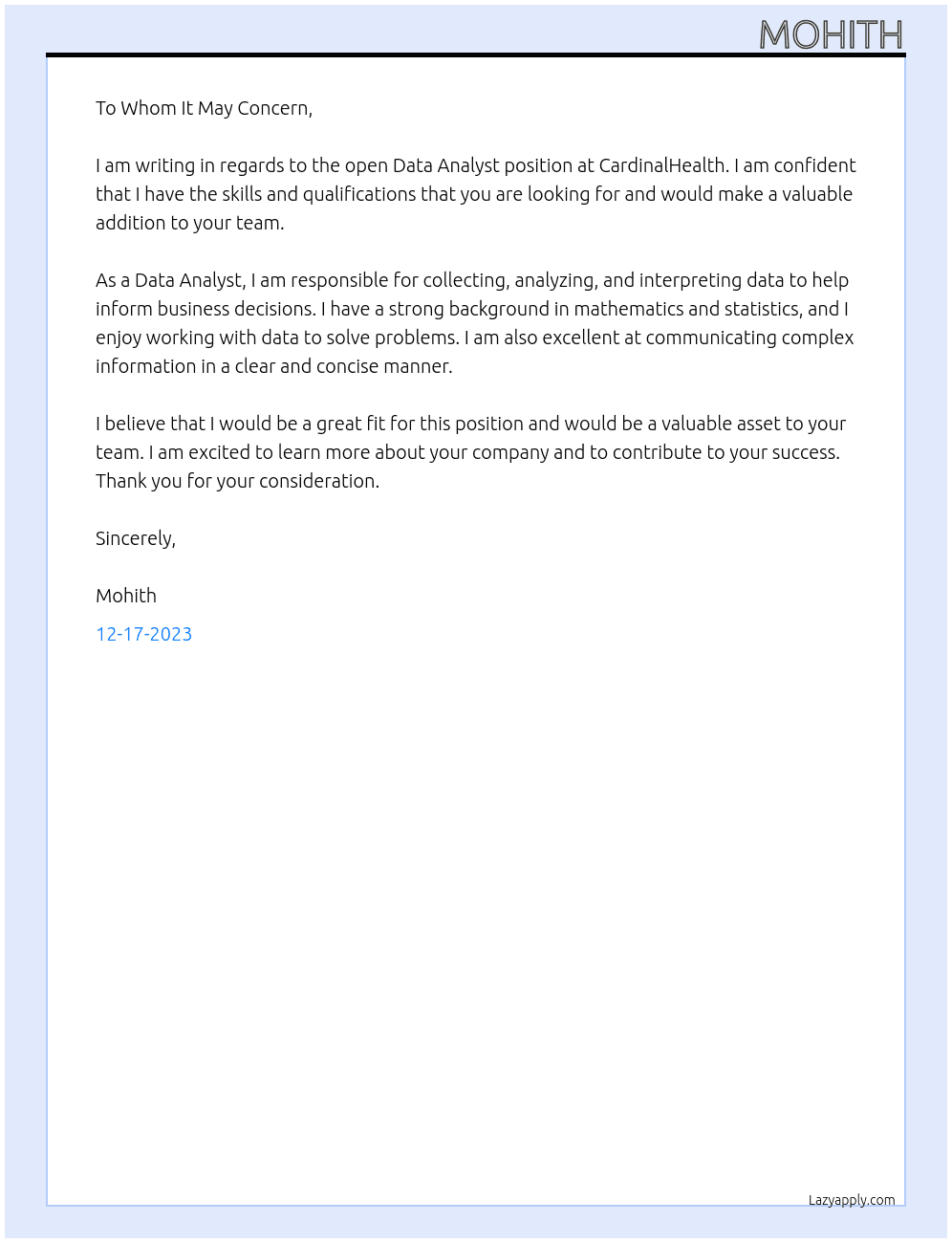 Data Analyst At CardinalHealth Cover Letter