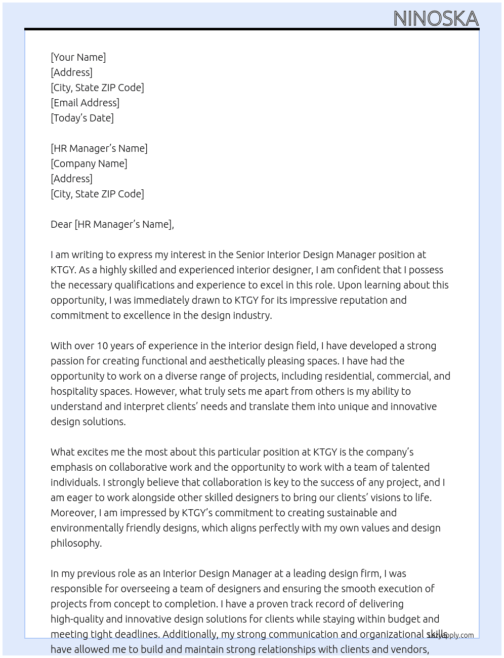 Senior Interior Design Manager At KTGY Cover Letter