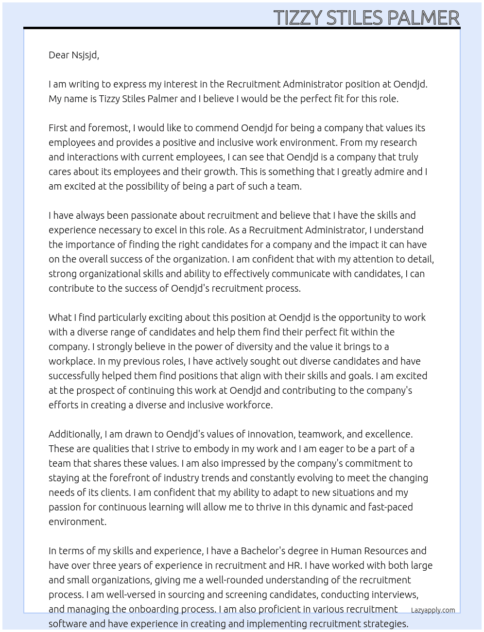 Recruitment Administrator  At Oendjd Cover Letter