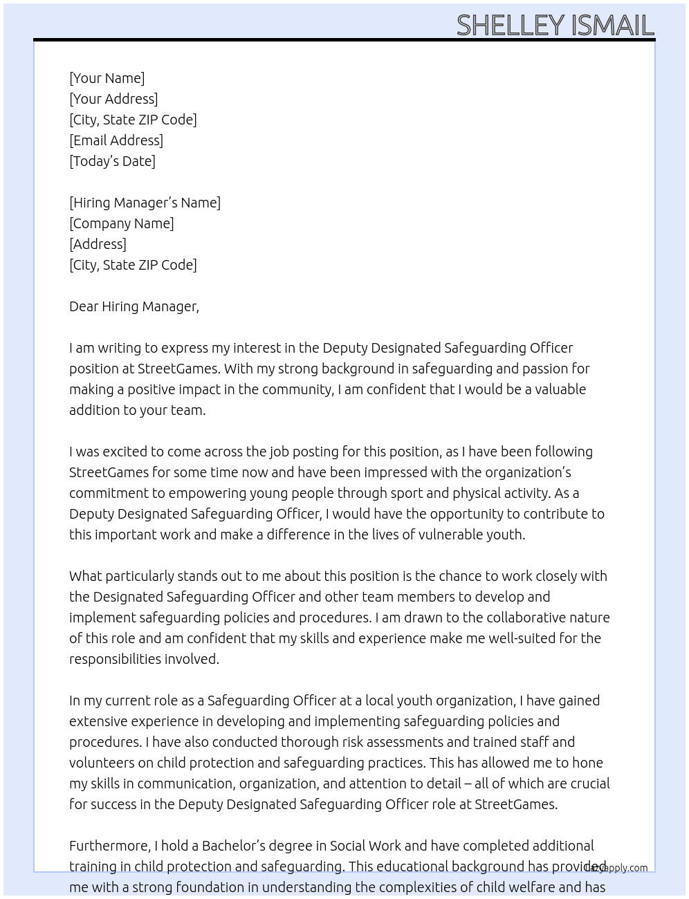 Deputy Designated Safeguaarding Officer At StreetGames Cover Letter