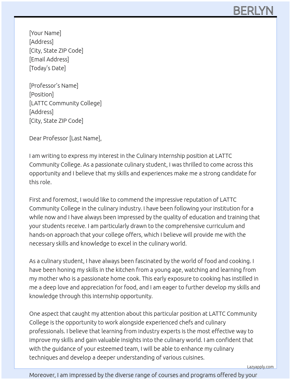 culinary intership  At LATTC comminuty college  Cover Letter