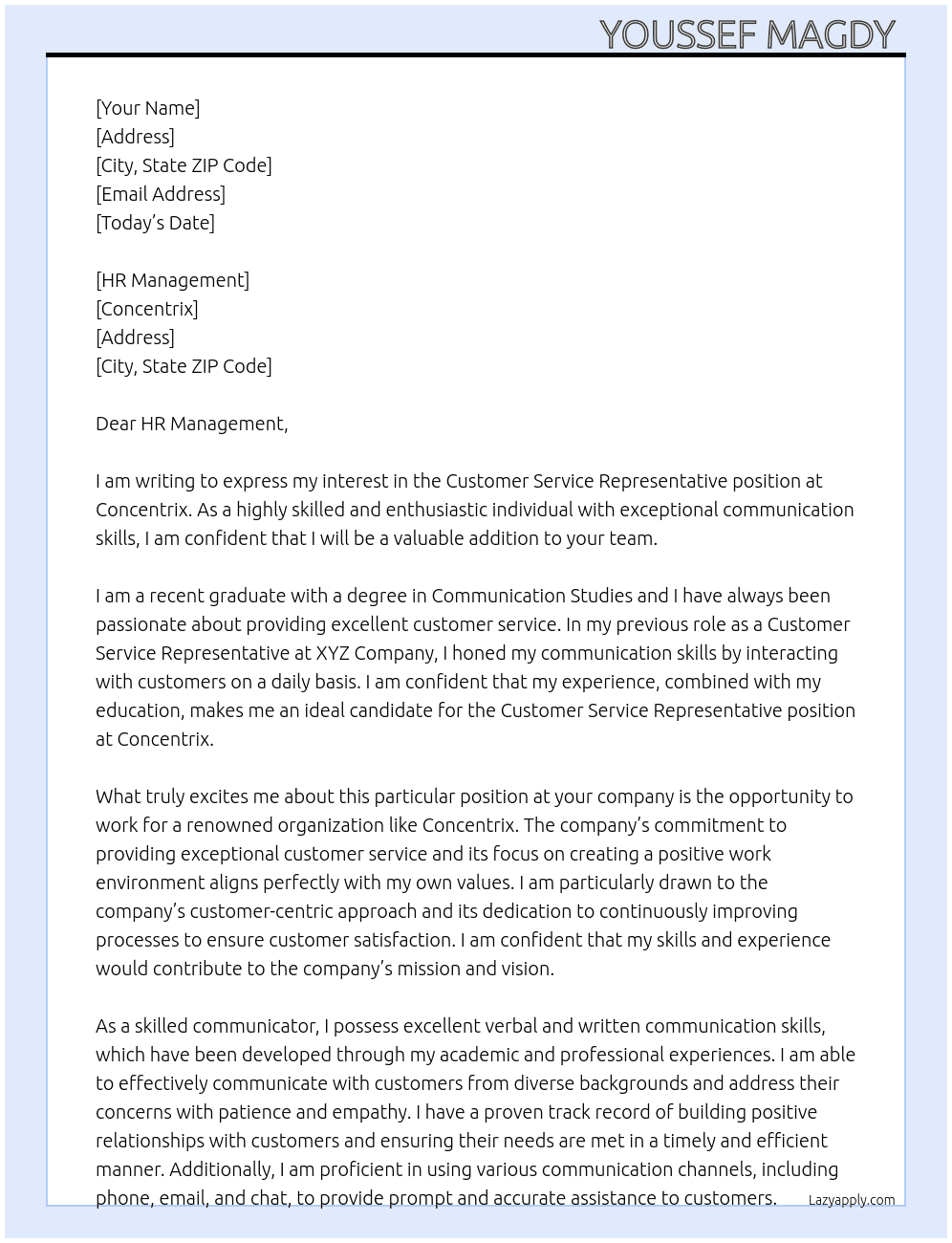 customer service representive At concentrix Cover Letter