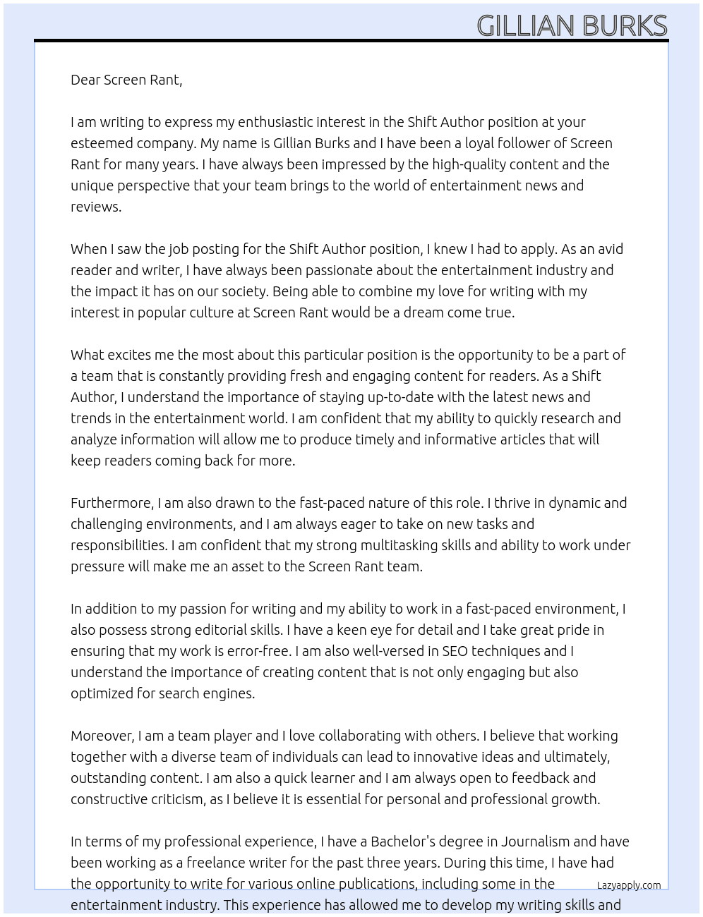 Shift Author At Screen Rant  Cover Letter