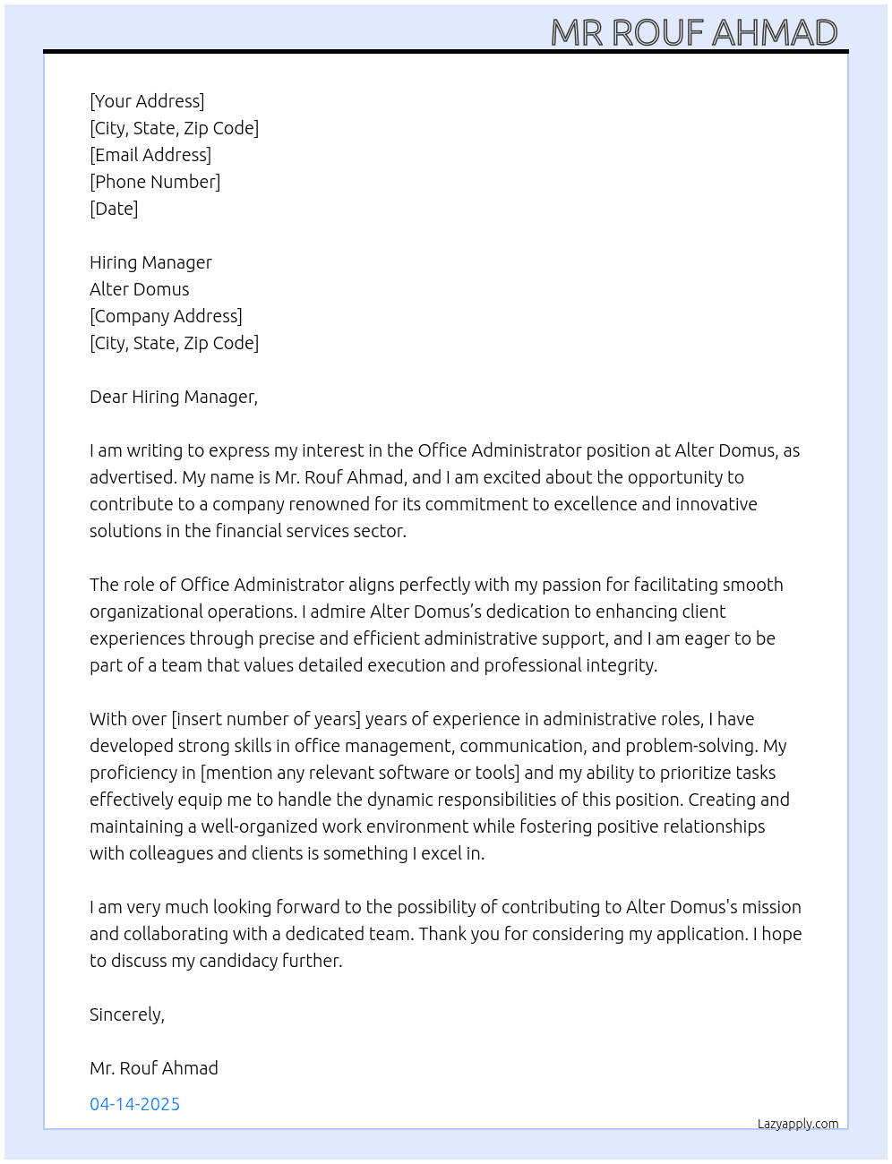 Office Administrator  At Alter Domus Cover Letter
